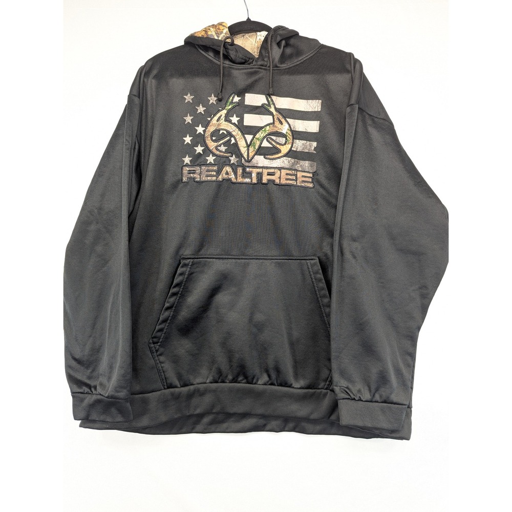 RealTree‎ American Flag Hoodie Sweatshirt Black Polyester Camo Lined Hood 2XL